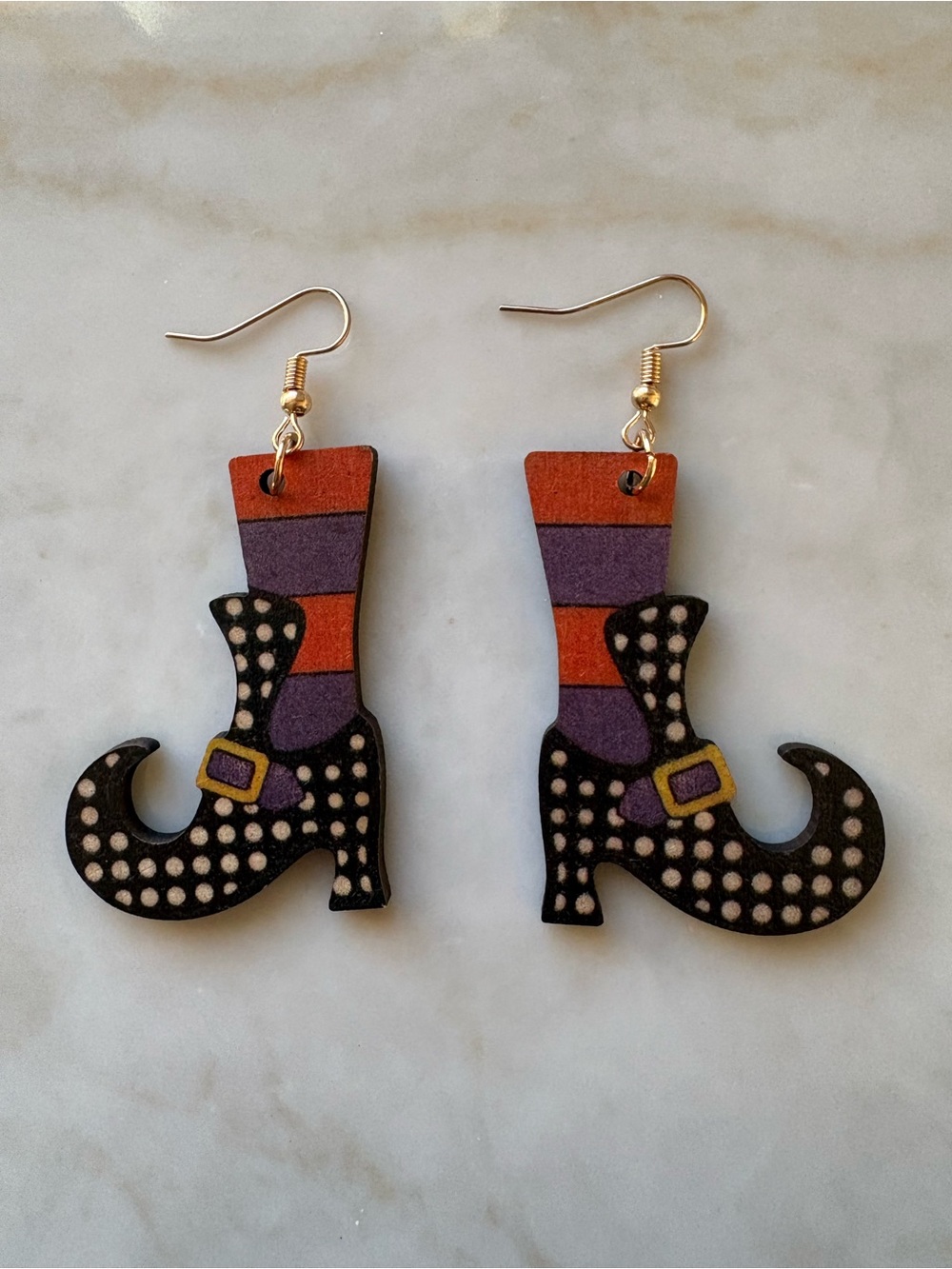 Halloween Whimsical Witch Boot Drop Earrings in Orange & Purple